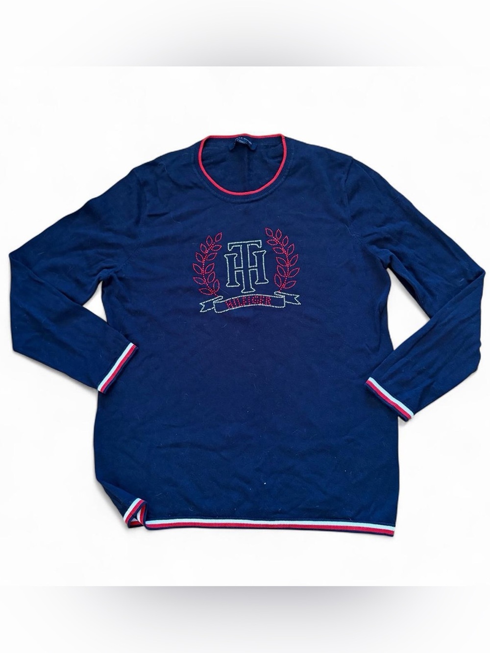 Tommy Hilfiger Navy Long-Sleeve Crewneck with Red & White Trim
